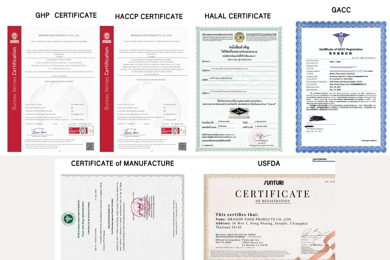 ใบรับรอง GHP HACCP ฮาลาล GACC เครื่องหมายการค้า ใบอนุญาตผลิตอาหาร และ US FDA